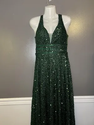 FAERIESTY Dress Womens Medium Green Sequin V-Neck Fit & Flare Maxi Formal Gown thumbnail 3