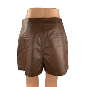 Meshki Women's Brown Fleece Lined High Rise Faux Leather Vegan Mini Shorts Sz M thumbnail 3