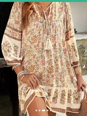 Women’s Boho Floral Mini Dress Apricot XXL Long Sleeve Tassel Tie Ruffle thumbnail 3