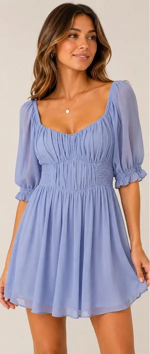 Abercrombie & Fitch Periwinkle Blue Pleated Smocked Puff Sleeve Mini Dress M thumbnail 1
