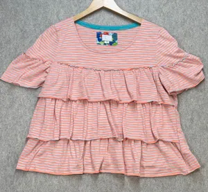 Anthropologie Women L Orange Striped Tiered‎ Ruffle Knit Top Large Boho Coastal thumbnail 1