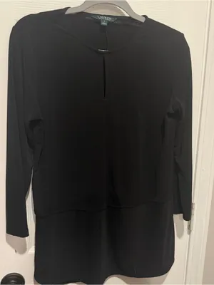 Lauren Ralph Lauren Black Layered Tunic Top Women’s M Long Sleeve Stretch Blouse thumbnail 1