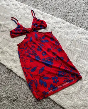 SheIn Red and blue flower side cut out spaghetti strap mini Bodycon fitted Sun dress thumbnail 2