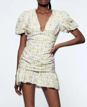 Zara Checkered Floral Print Draped Balloon Sleeve with Embroidered Eyelet Detail Mini Dress Size Small thumbnail 1