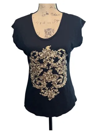 Express Gold Sequin Black Lace Back Top thumbnail 1