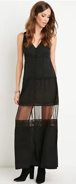 Crochet-Trim Tiered Black Maxi Dress Sheer Panel Boho Cottage Whimsigoth Sz Med thumbnail 1