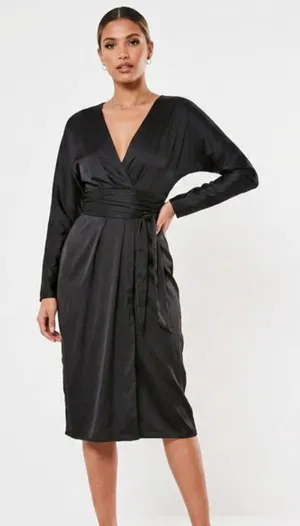 NWT ASOS DESIGN satin midi black dress with batwing sleeve and wrap waist Size 6 thumbnail 1