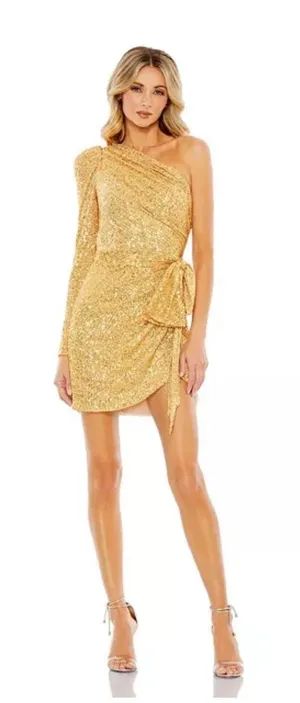NWT IEENA Mac Duggal‎ One Shoulder Sequin Mini Dress 2 Gold 26977 Cocktail Party thumbnail 1