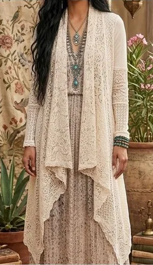 Aratta Silent Journey Shawl Thermal Lace Crochet Open Waterfall Cardigan Small thumbnail 1
