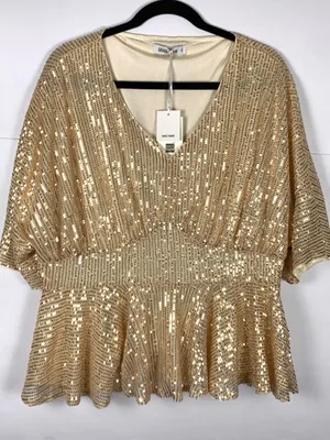 Grace Karin Womens Top 1XL Gold Sequin V Neck Batwing Peplum Party Blouse thumbnail 10