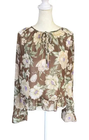 Loft brown and ivory floral ruffle tie front sheer blouse women's size medium thumbnail 1
