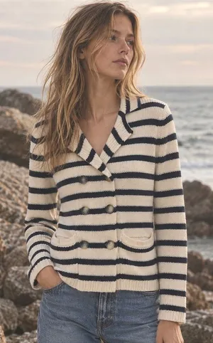 Striped Knit Cardigan Sweater Navy Blue Small Coastal Nautical Preppy Cotton thumbnail 1