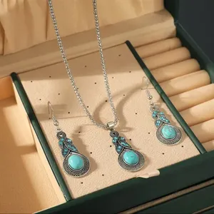 Set 3 pc Vintage Style Blue Crystal Inlaid Turquoise Pendant With Lantern Chain thumbnail 5