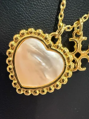 Tory Burch | Gold Plated Logo & Mother of Pearl Heart Pendant Necklace thumbnail 2