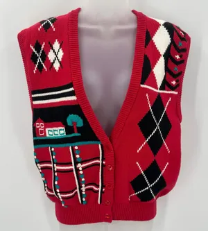 Vintage Koret Sweater Vest Women M Red Cotton Knit Argyle Tree House Cottagecore thumbnail 1