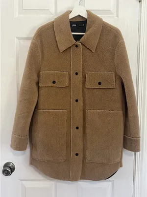 Zara Teddy Shacket Oversized Sherpa Fleece Jacket Neutral Minimalist Quiet Luxury Coat S thumbnail 2
