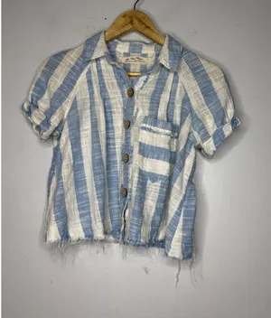 Free People We The Free Blue White Striped Linen Blend Button Down Shirt Cropped thumbnail 1