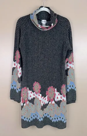 Shana K Dark Gray Pink Polka Dot Floral Turtleneck Shift Dress Small Retro thumbnail 1