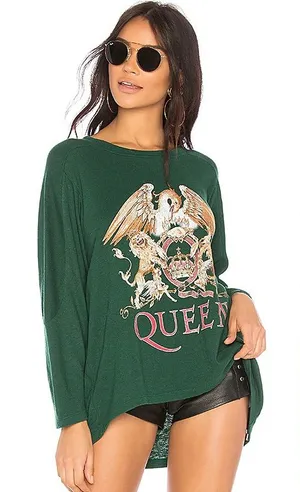 Daydreamer Queen Crest Long Sleeve Football Tee in Green Hemp Cotton large thumbnail 1