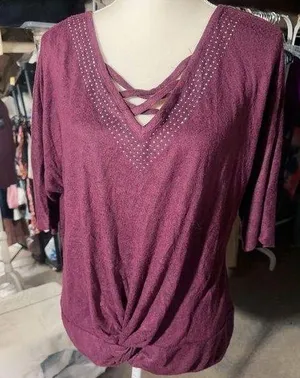 A Love Story Purple Burgundy Tunic Top Stretch Knit V-neck Dolman 3/4 Sleeve NWT thumbnail 1