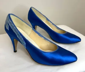 Vintage Nouveau 90s Royal Blue Satin Beaded Pumps Sz 7 thumbnail 1