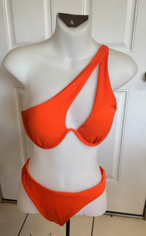 Large Shein Orange Ribbed Ruched One Shoulder Bikini thumbnail 1