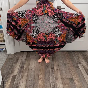 Free People Boho Floral Halter Maxi Dress in Black/Coral Cutouts Size 2 thumbnail 2