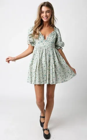 NWT Olivaceous Floral Puff Sleeve Lorelei‎ linen Easter spring summer dress Med thumbnail 1