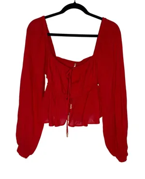 Free People Top Women Large Red Excellent Smocked Peplum Balloon Sleeve Boho thumbnail 1