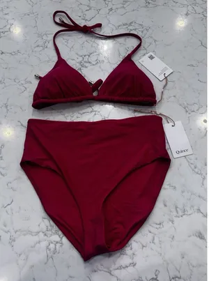 NWT Quince Cherry Red Italian Triangle Bikini Top & High Rise Bottoms Set Large thumbnail 1