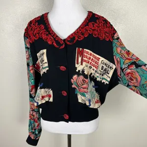 Carole Little Cardigan Jacket M Moulin Rouge Can Can Dancer Floral Rosette Artsy thumbnail 7