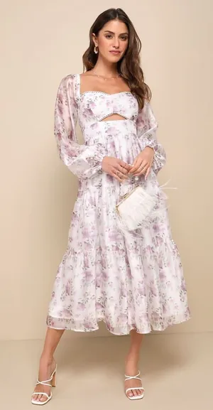 NWT Lulus Radiant Afternoon Ivory Floral Cutout Tiered Midi Dress Wedding Size S thumbnail 1