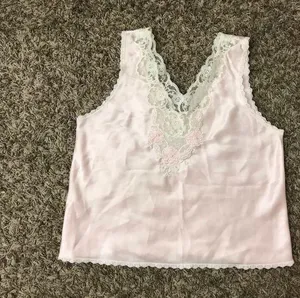 Vintage light pink sleep top with adorable dainty lace, bead, and flower details thumbnail 3