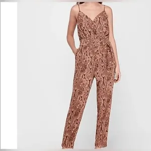 Express Brown Tan Snakeskin Print Belted Wrap Stretchy Jumpsuit Large‎ thumbnail 10