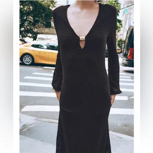 Zara NWT brown knit gold detail key hole front long sleeve midi maxi dress thumbnail 5