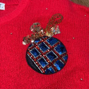 90s EMT Red Silk Angora Wool Beaded Christmas Ornament Sweater Womens M sequins thumbnail 4