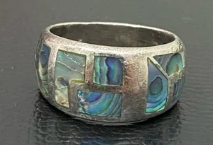 Vintage NE 925 Signed Sterling Silver Abalone Inlay Ring Band Size 6.5 5.9g thumbnail 3