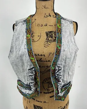 Don't Stop Denim Vest Womens M Blue Acid Wash Southwestern Boho Vtg 90s Artsy‎ thumbnail 1