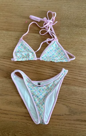 Frankie's Bikinis Pastel Floral Bikini Top with Pink Trim thumbnail 1