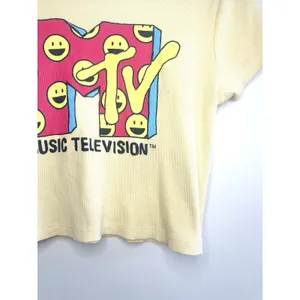 MTV Graphic Tee Women's Large Butter Yellow Ribbed Smiley Face Y2K‎ Retro Music thumbnail 7