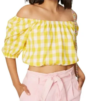 Color Me Courtney Shirt Women Small Yellow White Gingham Cropped Kris Top Boho‎ thumbnail 1