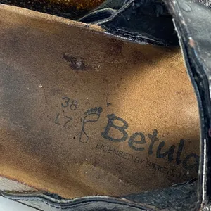 Betula Birkenstock Thong Sandals Black Leather‎ Pearls Size 38 W7-flaw thumbnail 5