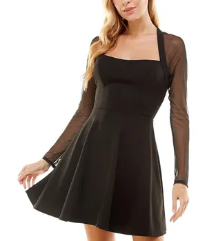 NWT City Studio Juniors Sheer Long Sleeve Mesh Fit Flare Skater Dress Black 0 thumbnail 1
