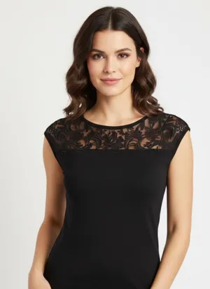 White House | Black Market Whimsigoth Black Lace Neckline Cap Sleeve Knit Top Small Office Siren thumbnail 1