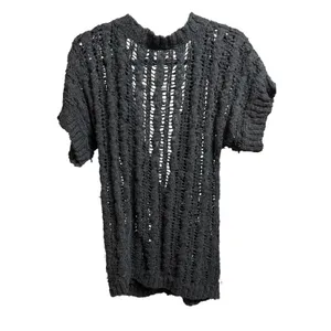 Free People Black Knit‎ Distressed Button Front Short Sleeve Cardigan Sweater thumbnail 2