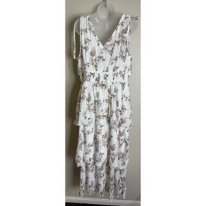 J. GEE Womens XL Maxi Dress Tan White Floral Tiered‎ Tie Shoulder Smocked NEW thumbnail 3
