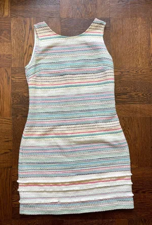 Vilagallo EUC Multicolored tweed shift dress Summer tweed textured V back Blue Size 4 thumbnail 1