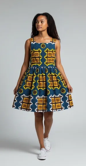 African Wax Print Fit and Flare Dress Blue Yellow Geometric Square Neck thumbnail 1