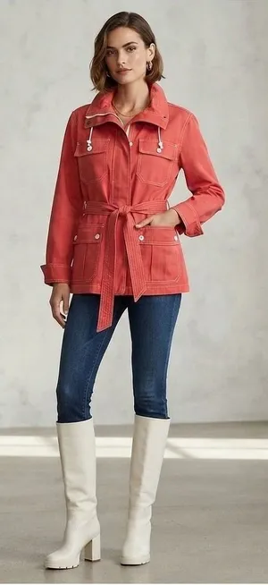 American Living Red Utility Jacket Belted Cotton XL White Stitching‎ Full Zip thumbnail 1