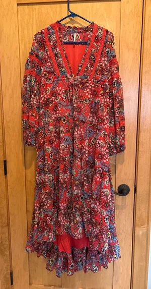 FREE PEOPLE Cassis Printed Chiffon Dress Red‎ Orange Paisley Floral XS Maxi thumbnail 1